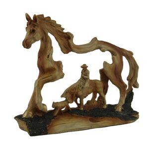The Wrangler Cowboy In Horse Faux Carved Wood Openwork Statue